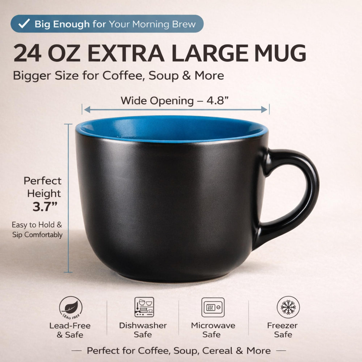 AmorArc jumbo ceramic bowl mug set ideal for coffee, cereal, or soup mornings.