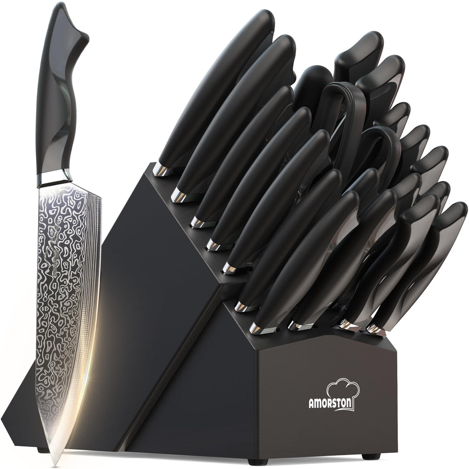 Amorston 22-piece set with chef knife for precise slicing in the kitchen