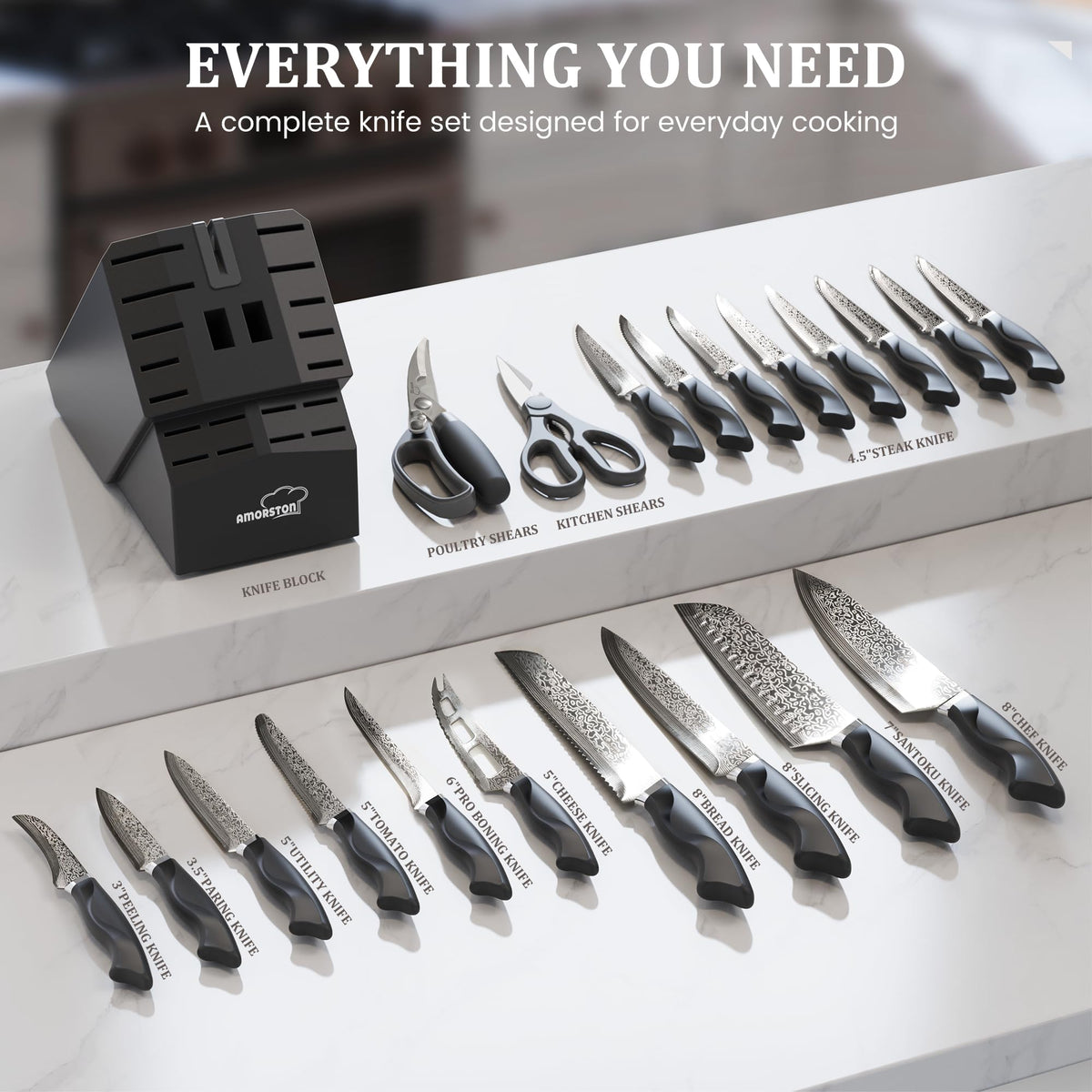 Amorston block set featuring slicing knife for clean, even cuts