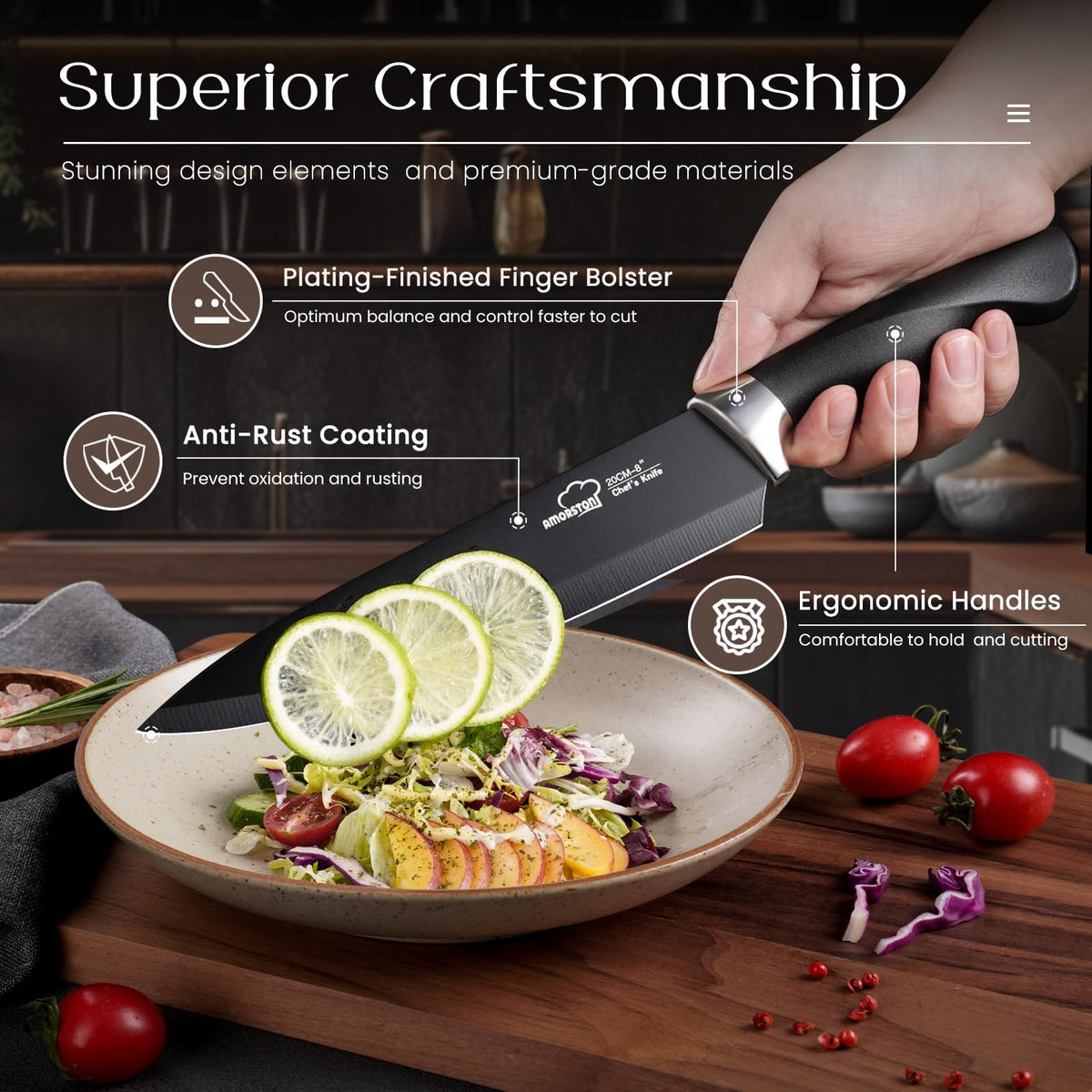 Amorston 7-inch santoku knife designed for efficient mincing and dicing.