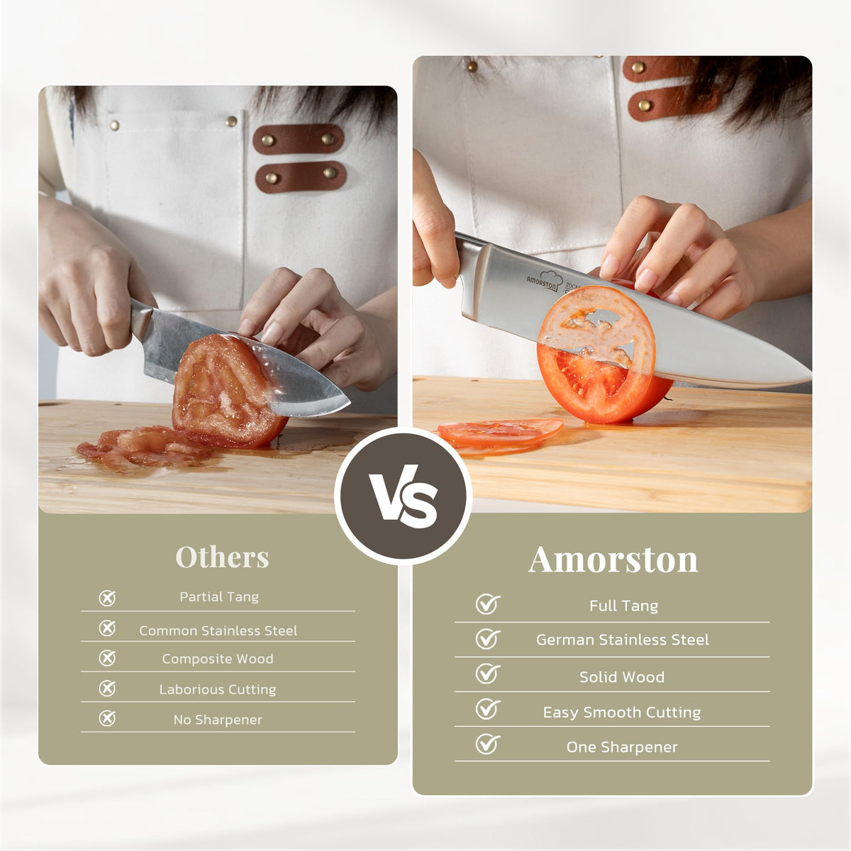 Amorston 8-inch chef knife precision slicing on vegetables.