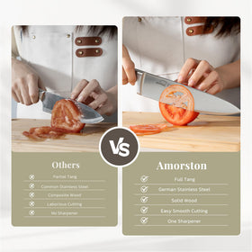 Amorston 8-inch chef knife precision slicing on vegetables.