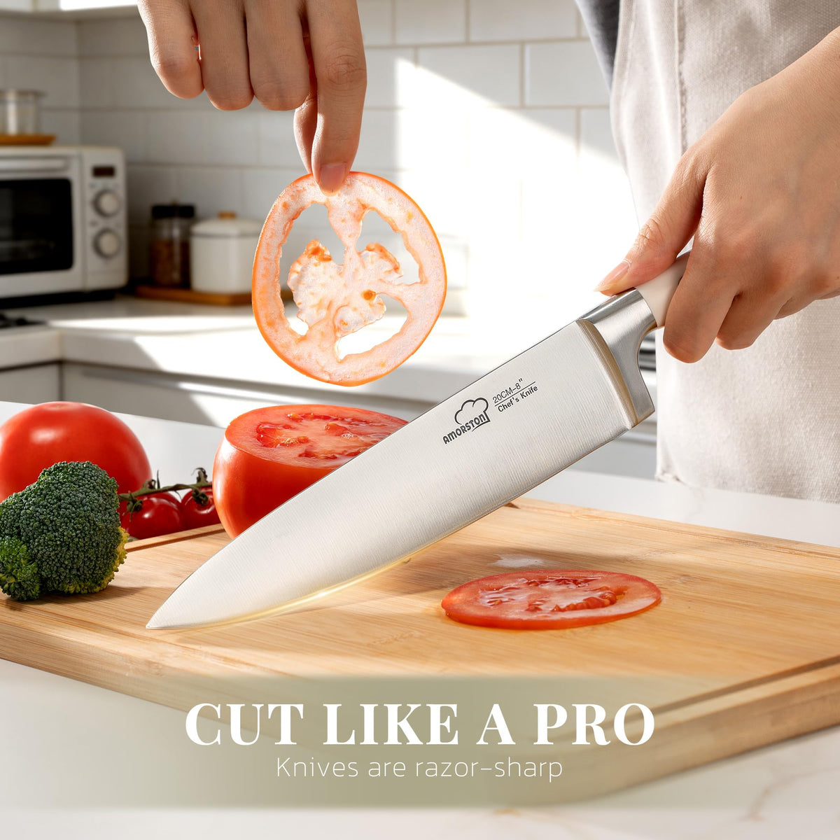 Amorston 8-inch serrated bread knife slicing crusty loaf evenly.