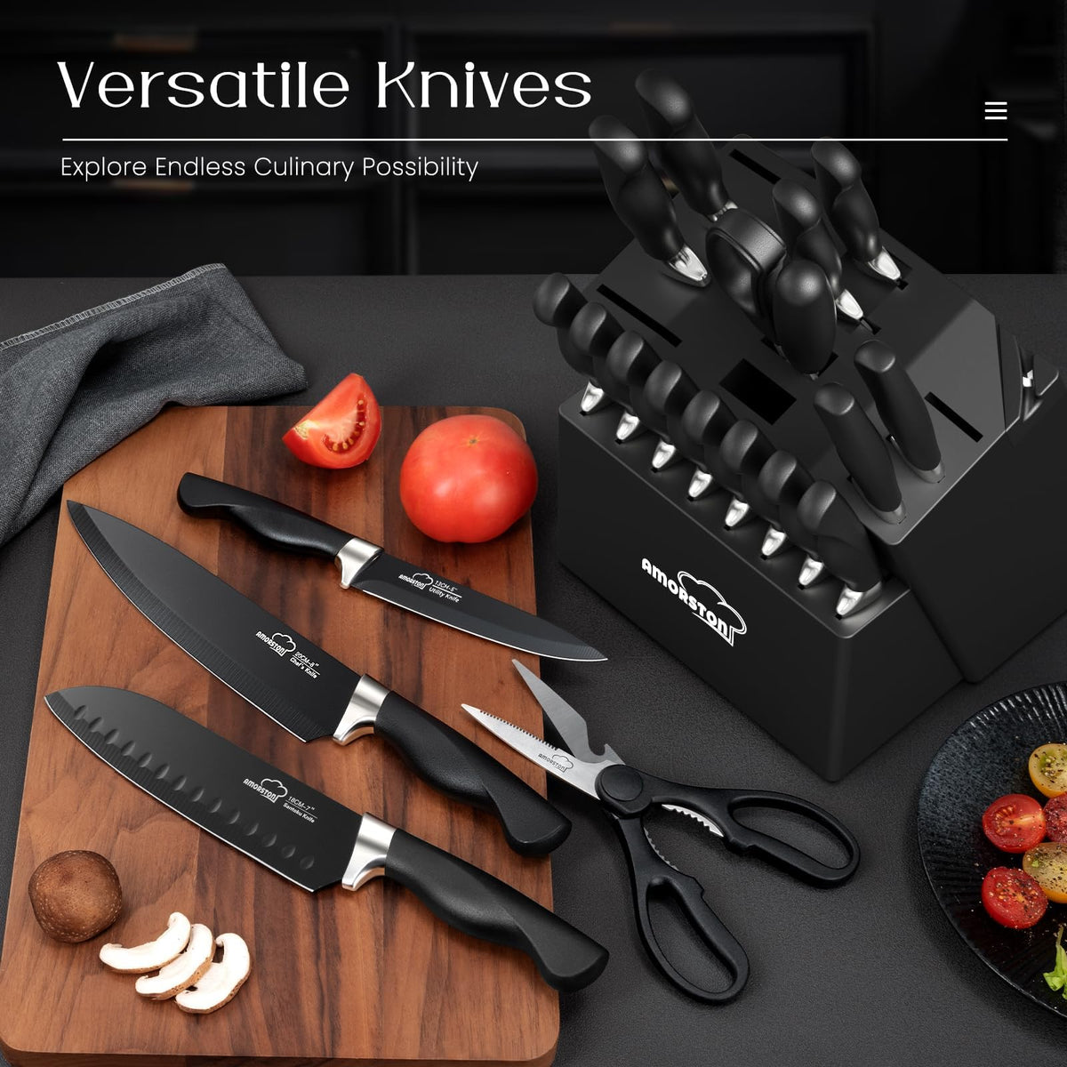 Amorston 8-inch slicing knife delivering clean, even meat and produce slices.