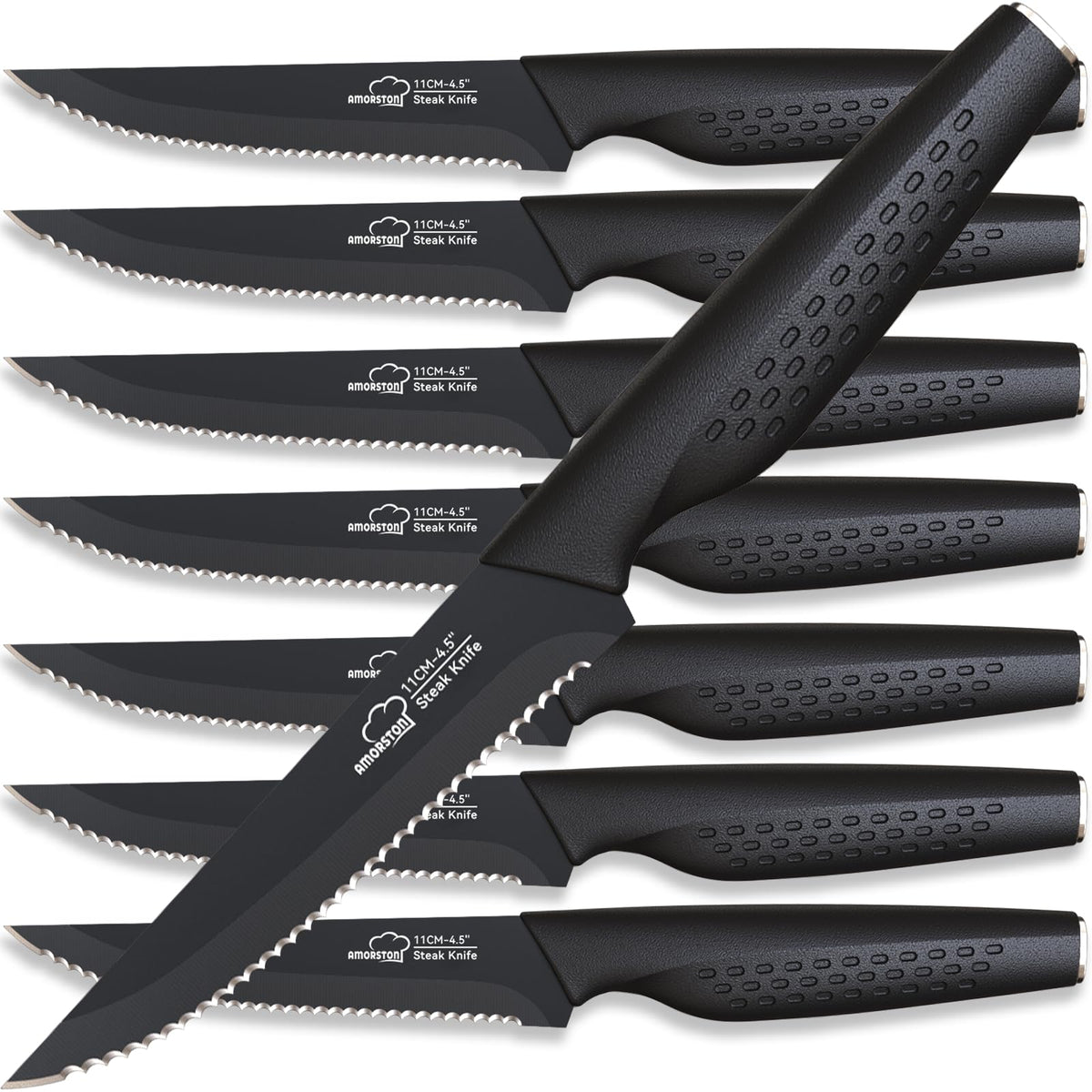 Amorston 8-piece steak knife set with sleek blades for precise slicing