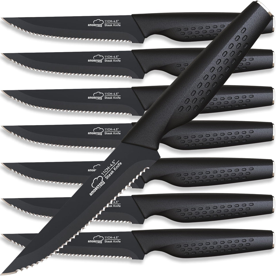 Amorston 8-piece steak knife set with sleek blades for precise slicing