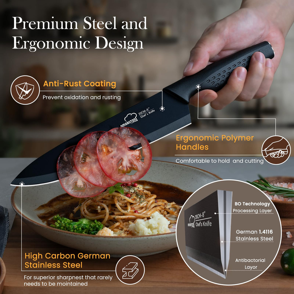 Amorston 8-inch chef knife ready for precise slicing and even chops