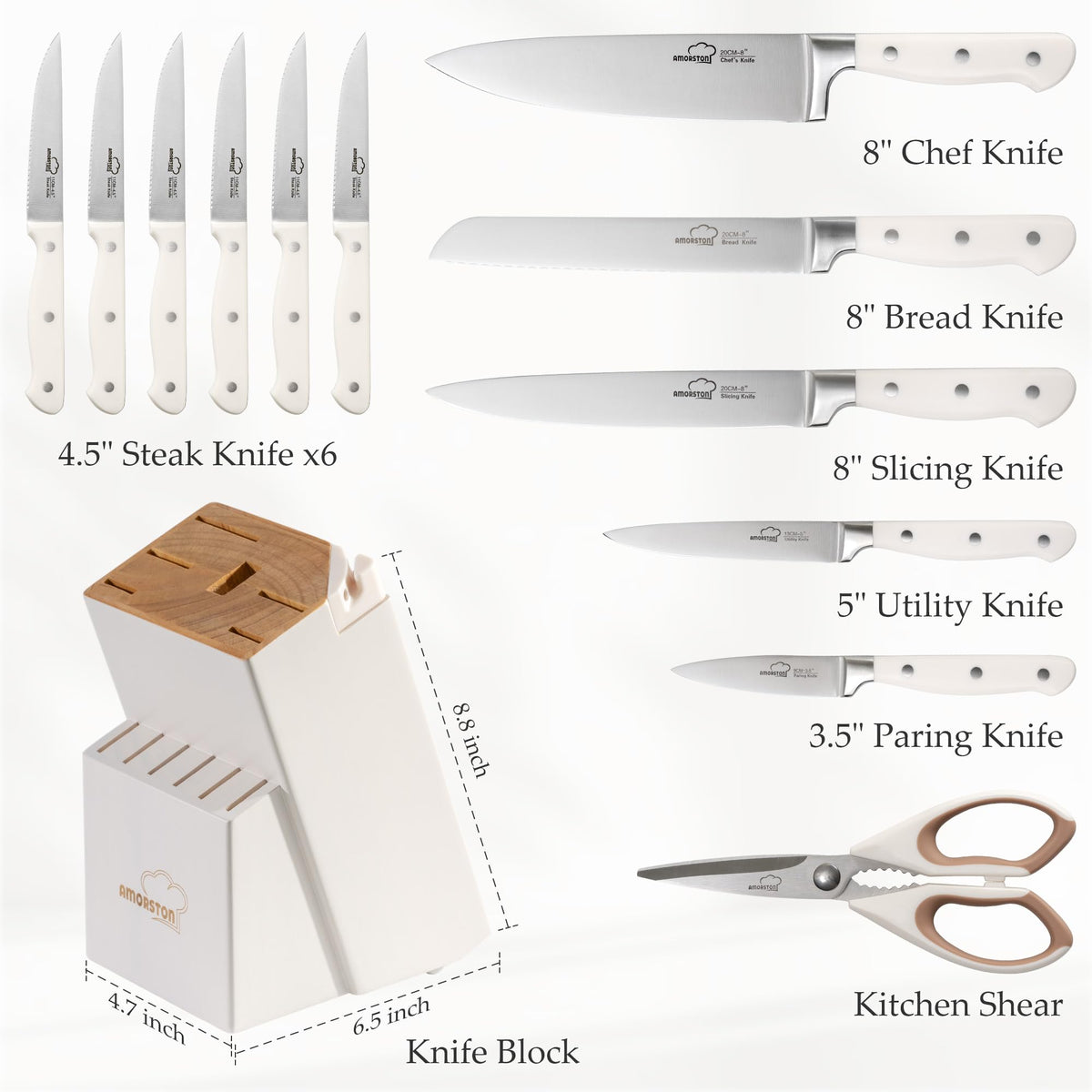 Amorston knife block set with six serrated steak knives ready to serve.