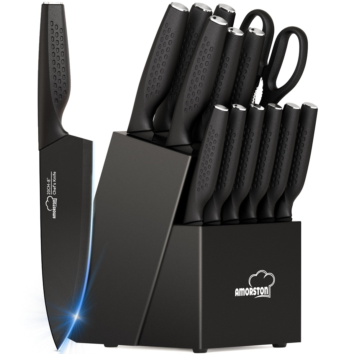 Amorston knife-set-15-pieces in a stylish block with built-in sharpener for edge upkeep