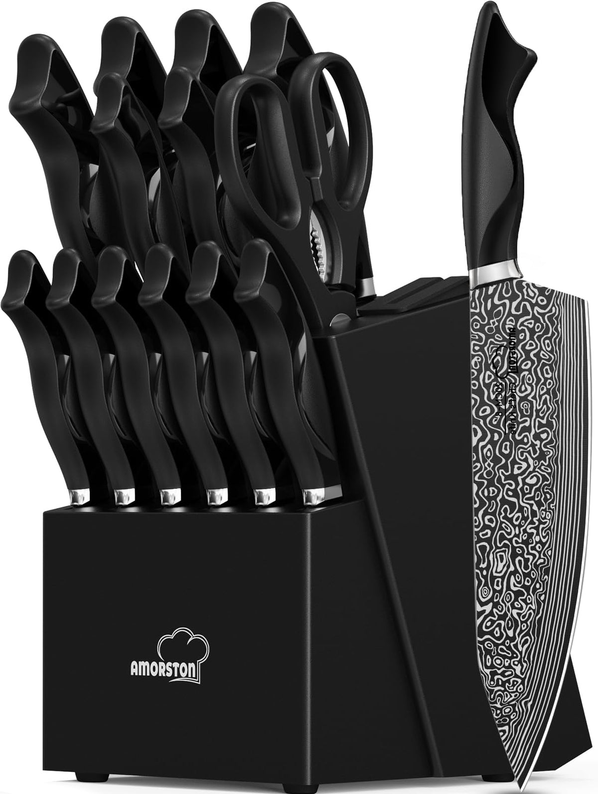 Amorston knife set 15-piece block with premium steel and built-in sharpener.