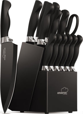 Amorston knife set block with built-in sharpener keeps blades organized and ready for daily prep