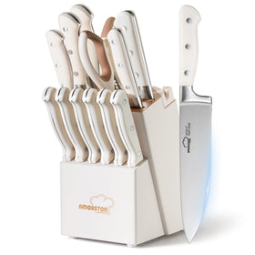 Amorston knife block with built-in sharpener on counter for quick refinishing.