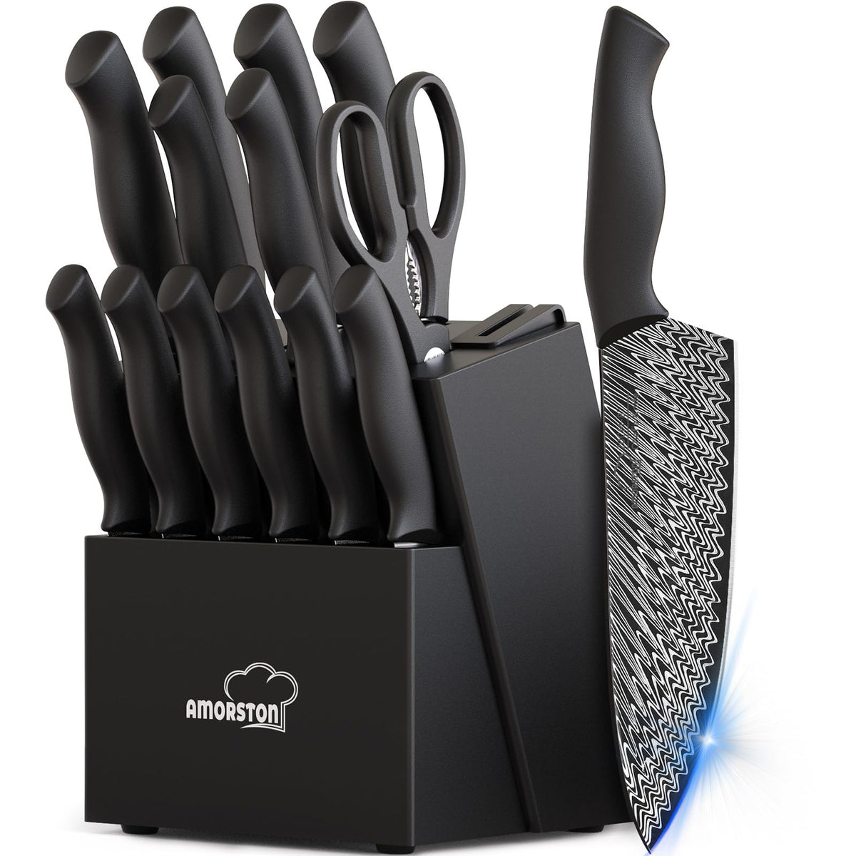 Amorston knife set in block with built-in sharpener for organized kitchen prep.