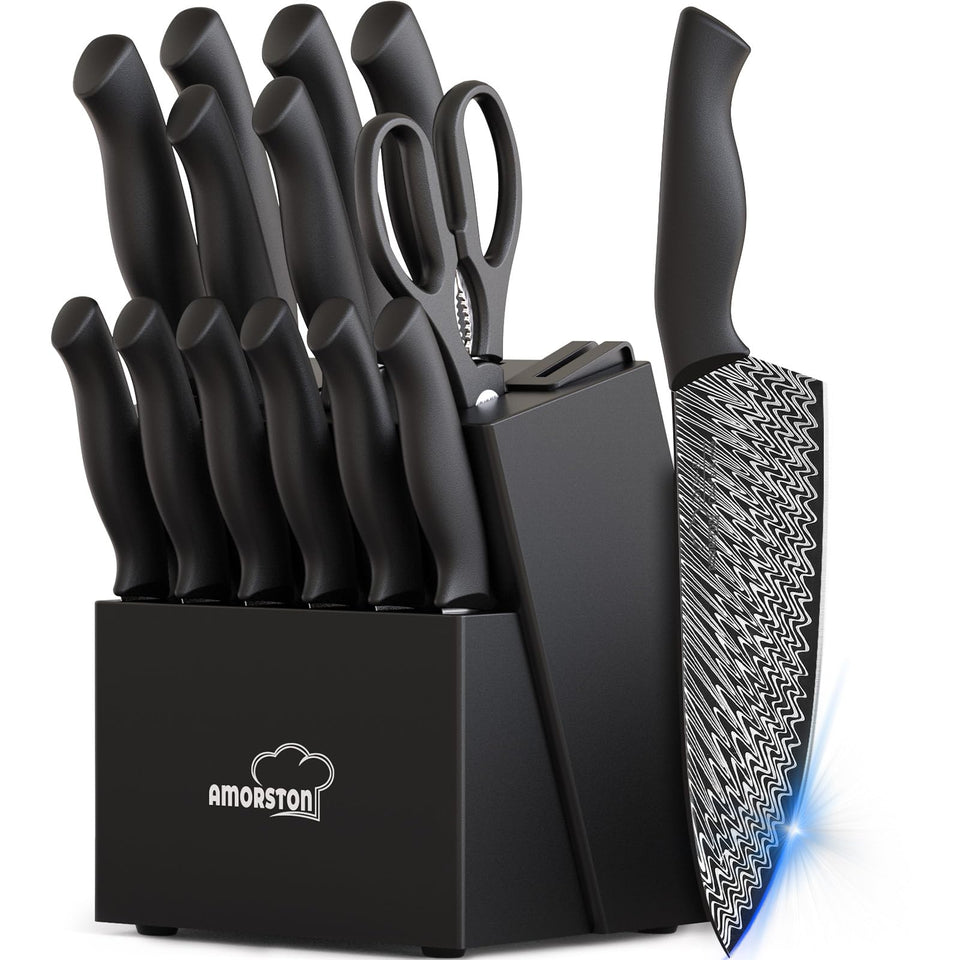 Amorston knife set in block with built-in sharpener for organized kitchen prep.