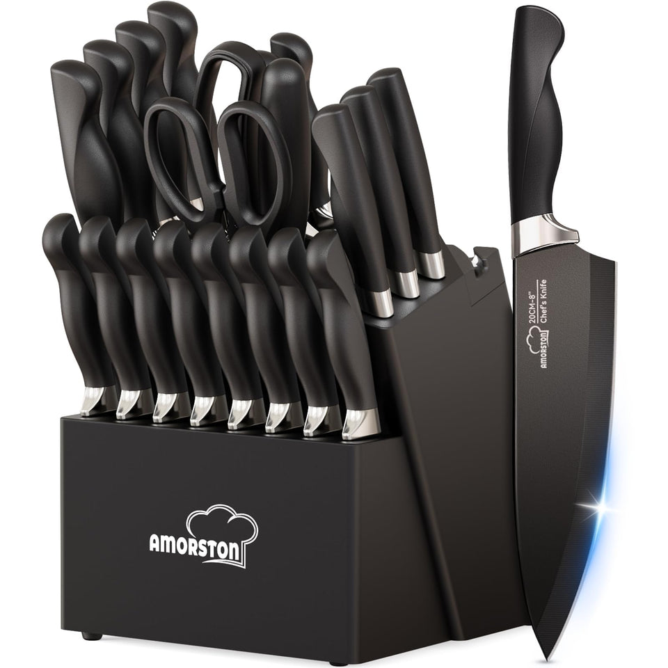 Amorston knife set block with built-in sharpener showcases organized premium blades.