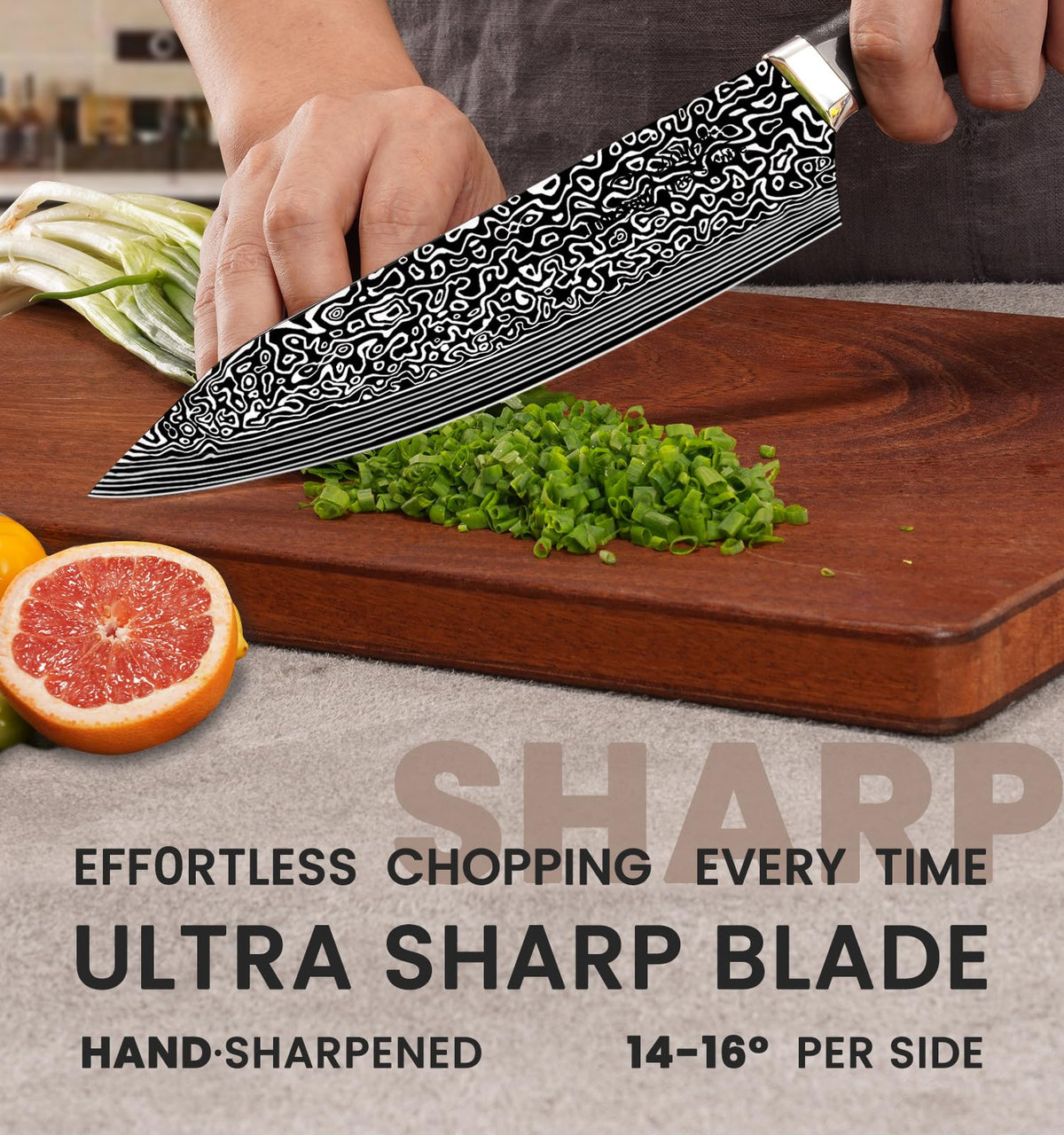 Amorston 7-inch santoku knife ideal for minced vegetables and delicate cuts.