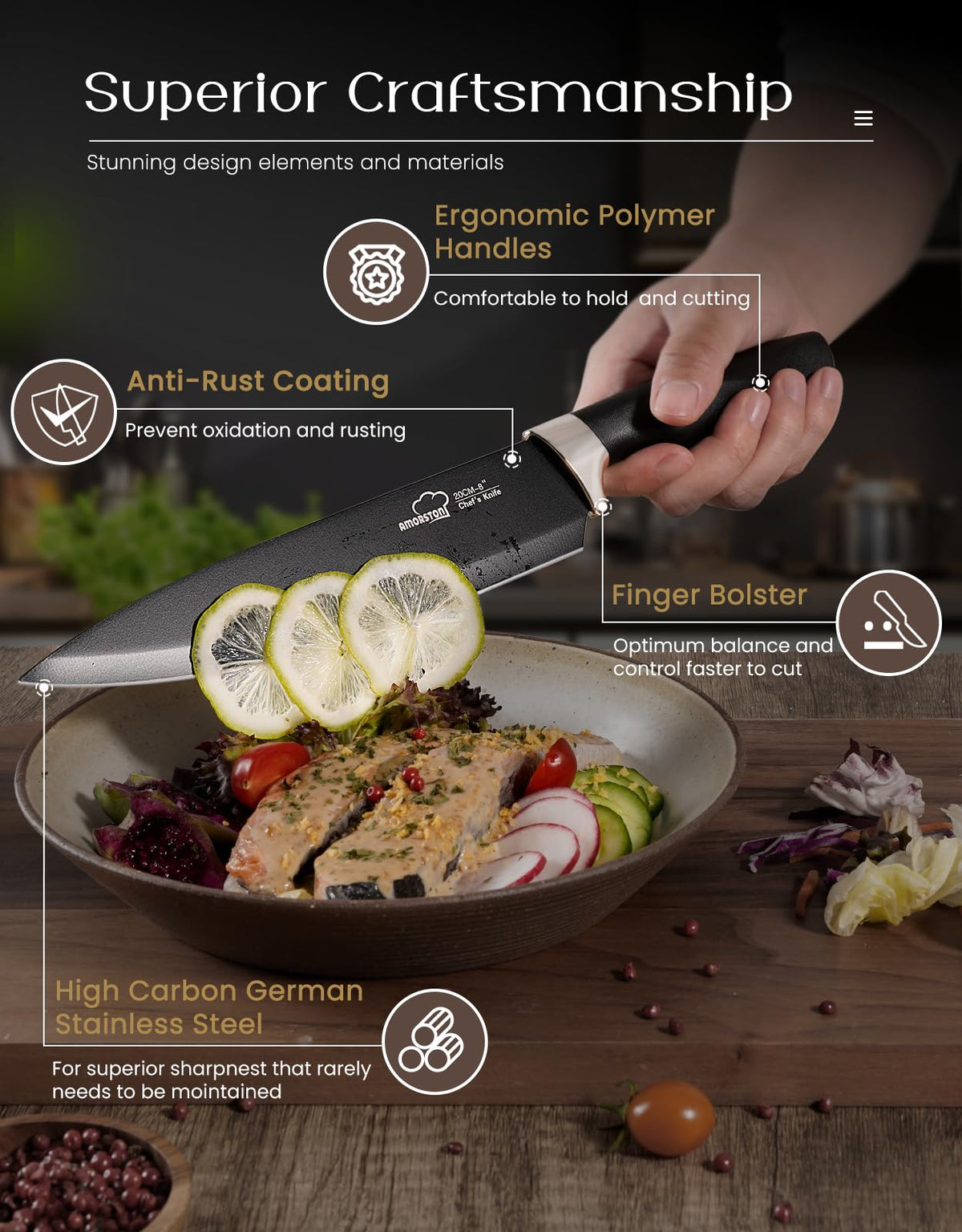 Amorston Santoku knife offers balanced control for chopping vegetables