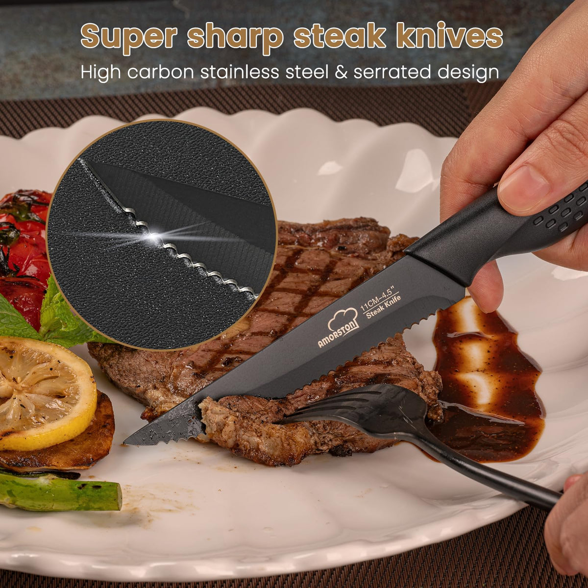 Amorston steak knives with ergonomic handle for comfortable long use