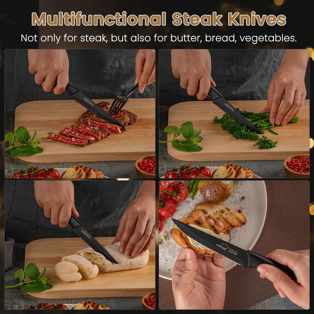 Amorston steak knives with non-stick surface reduces residue