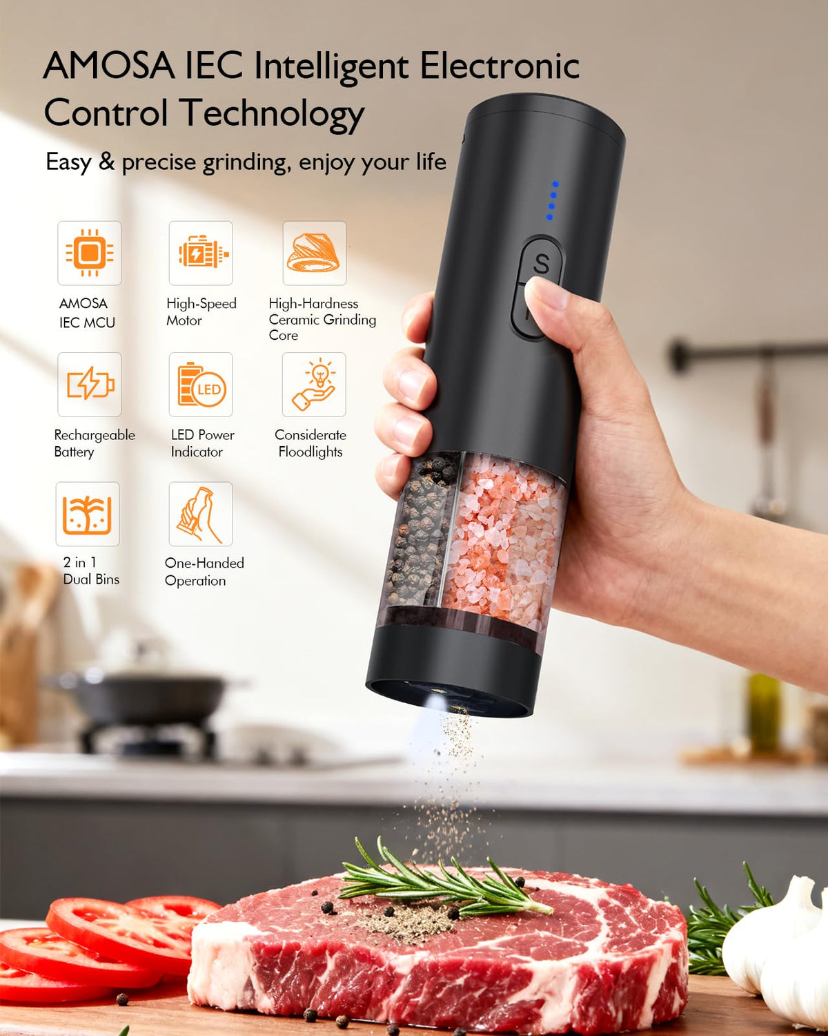 AMOSA dual bins design allows simultaneous refilling of salt and pepper.