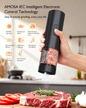 AMOSA dual bins design allows simultaneous refilling of salt and pepper.
