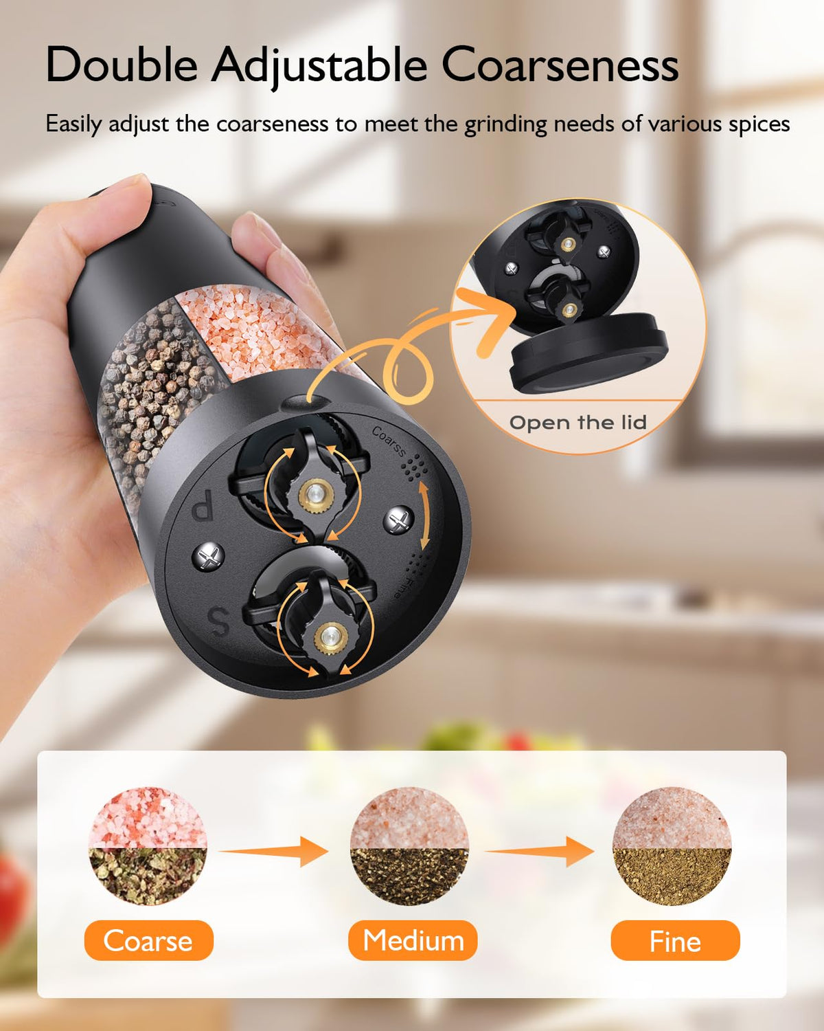 AMOSA dual ceramic grinders with adjustable coarseness.