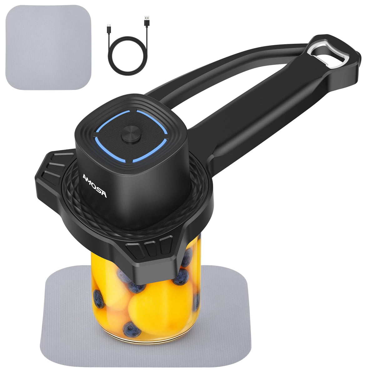 AMOSA electric jar opener front view with ergonomic grip and sturdy leverage