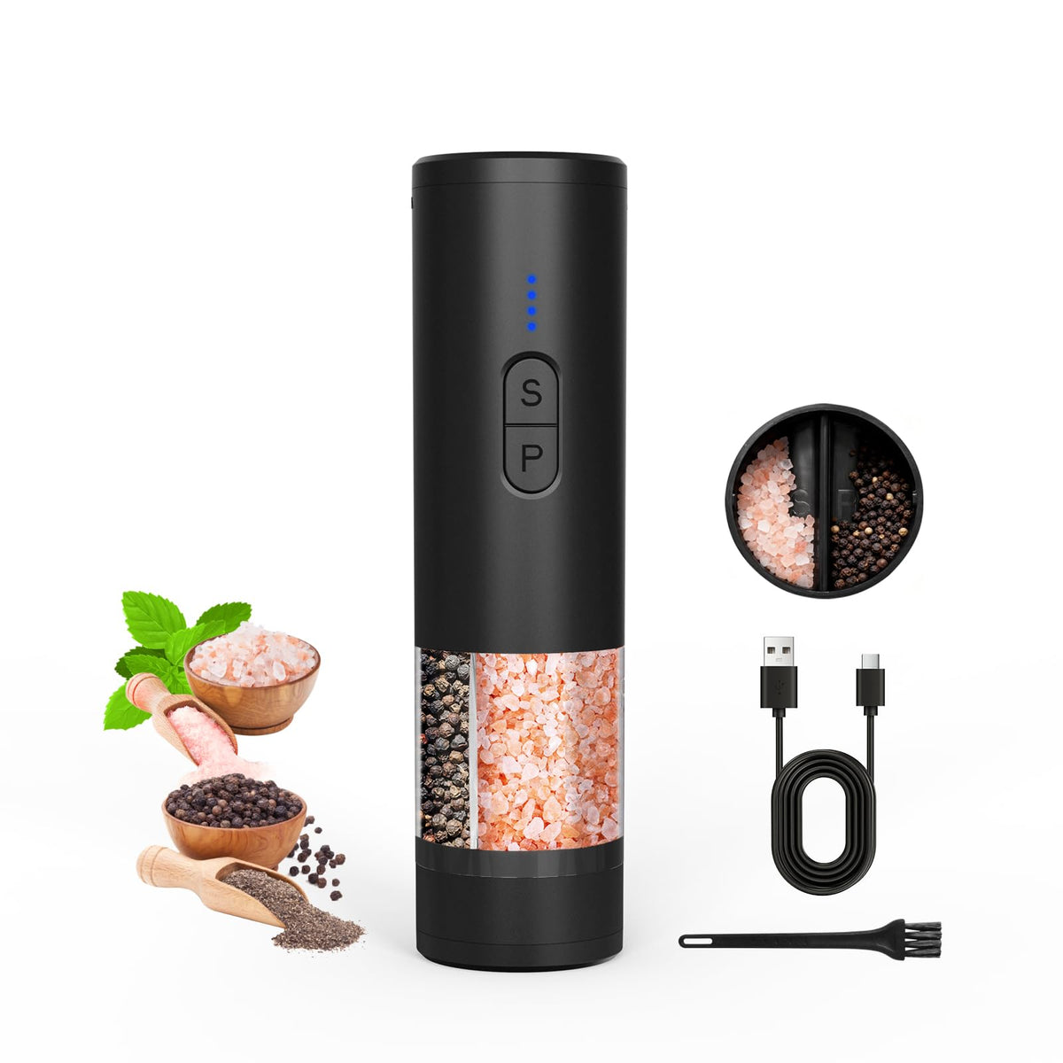 AMOSA electric salt and pepper grinder front view with LED light for precise grinding.