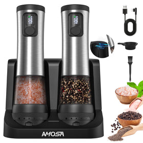 AMOSA electric salt and pepper grinder with LED light for precise seasoning.