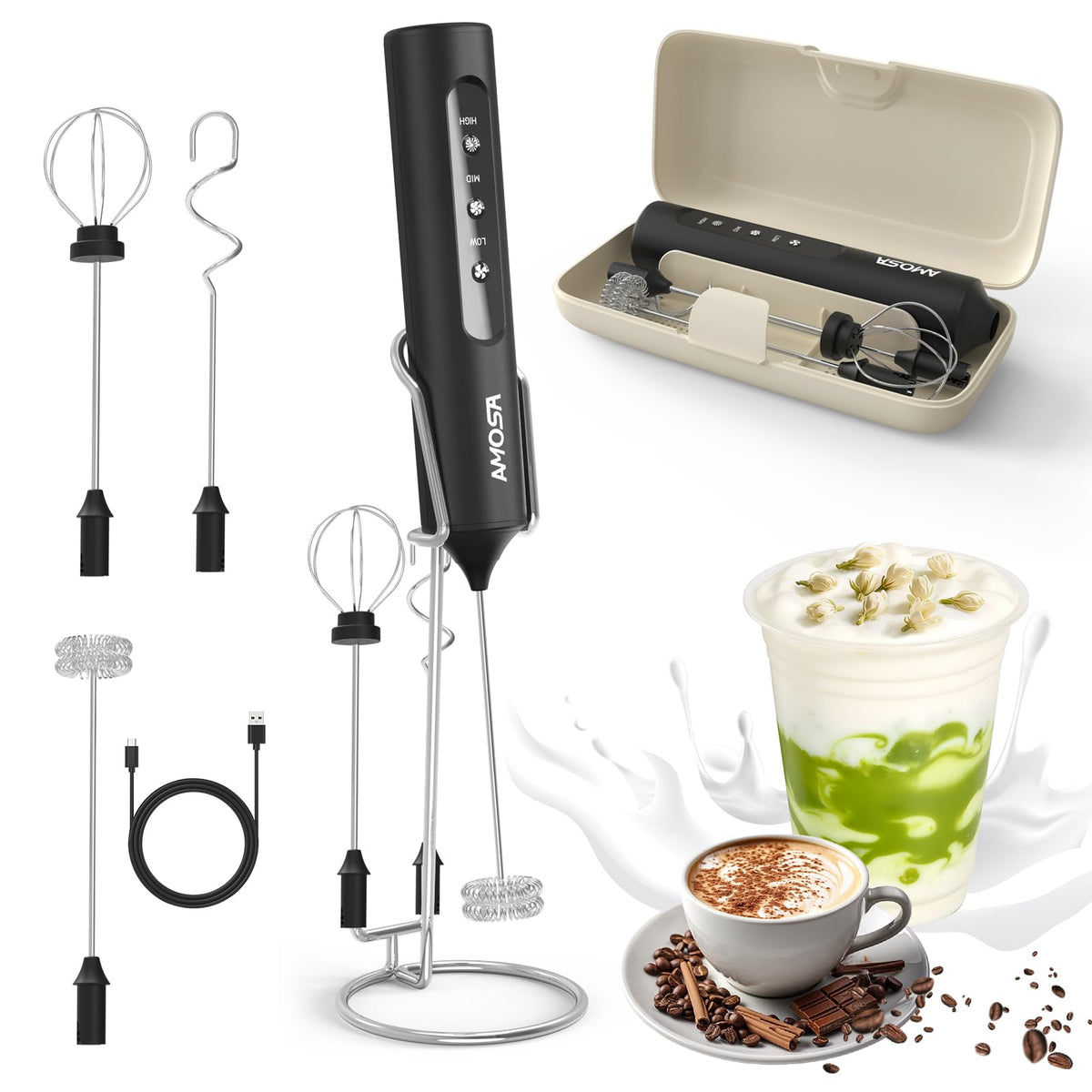 AMOSA Milk Frother with stand keeps countertop tidy for cafe-quality foam