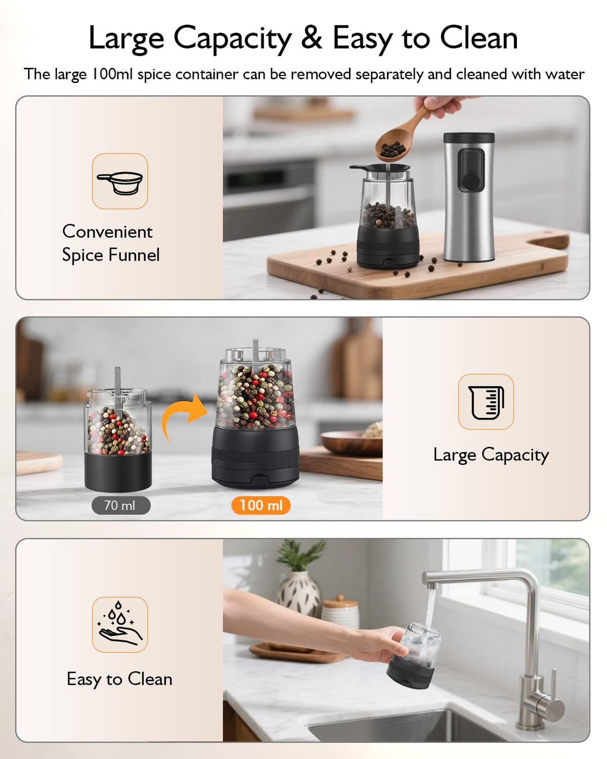 AMOSA one-handed operation with auto grinding and LED light.
