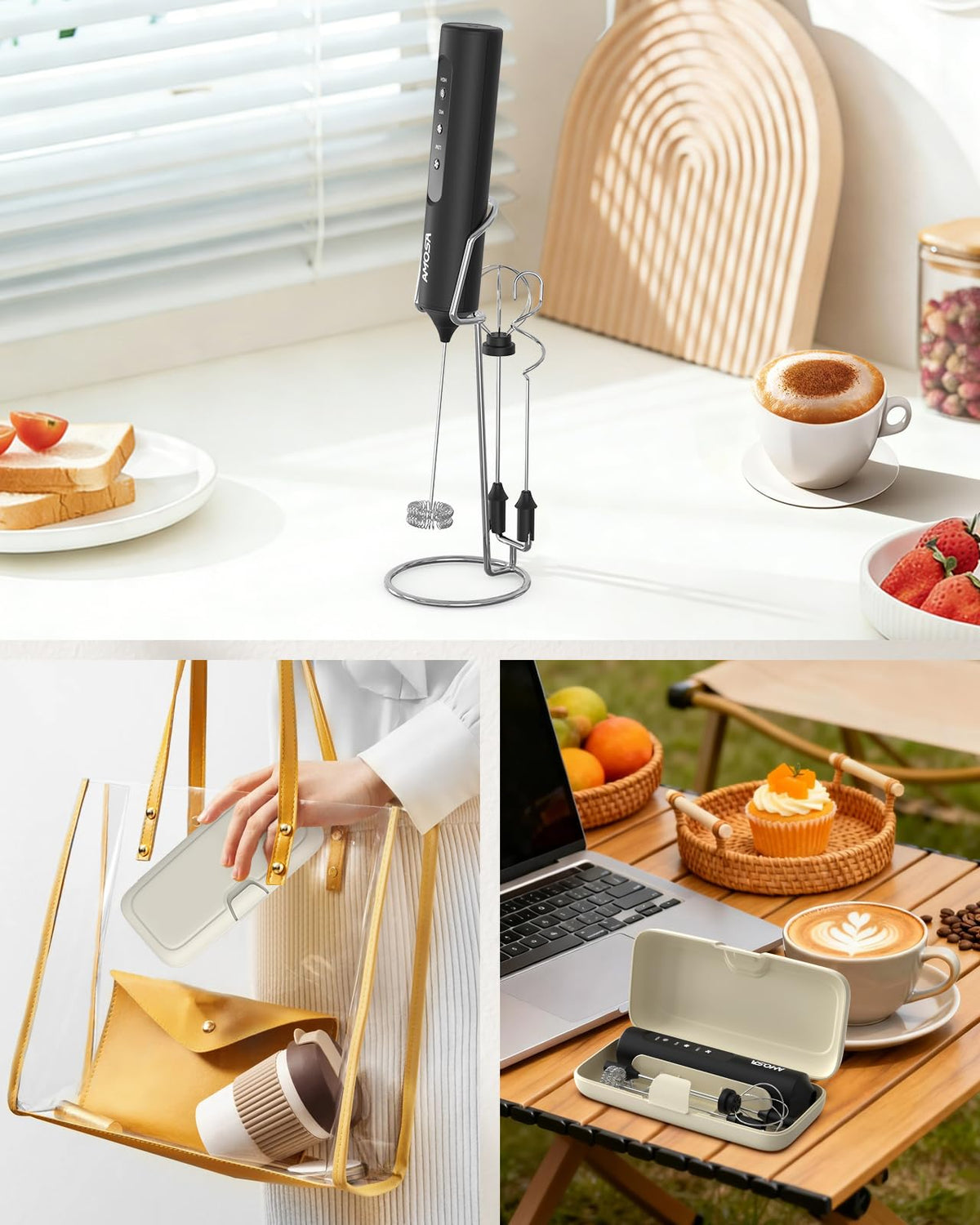 Travel case and compact stand support easy storage and portability