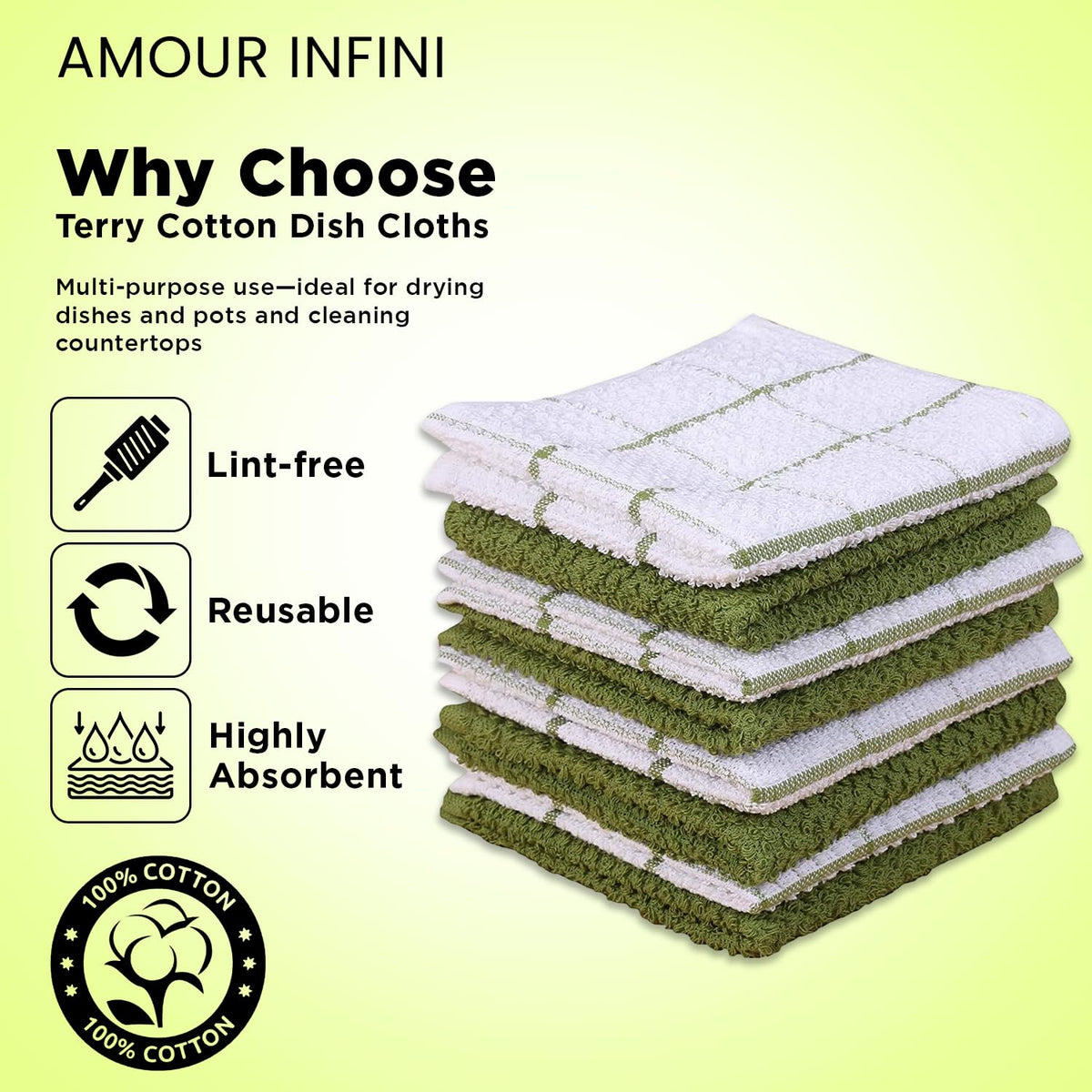 AMOUR INFINI cotton dish cloths absorbent terry texture.