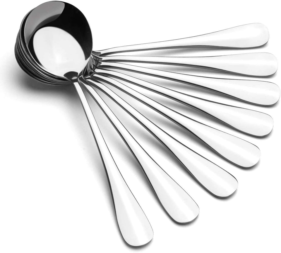 AmoVee 6-piece soup spoons in kitchen showing 18/8 stainless durability.