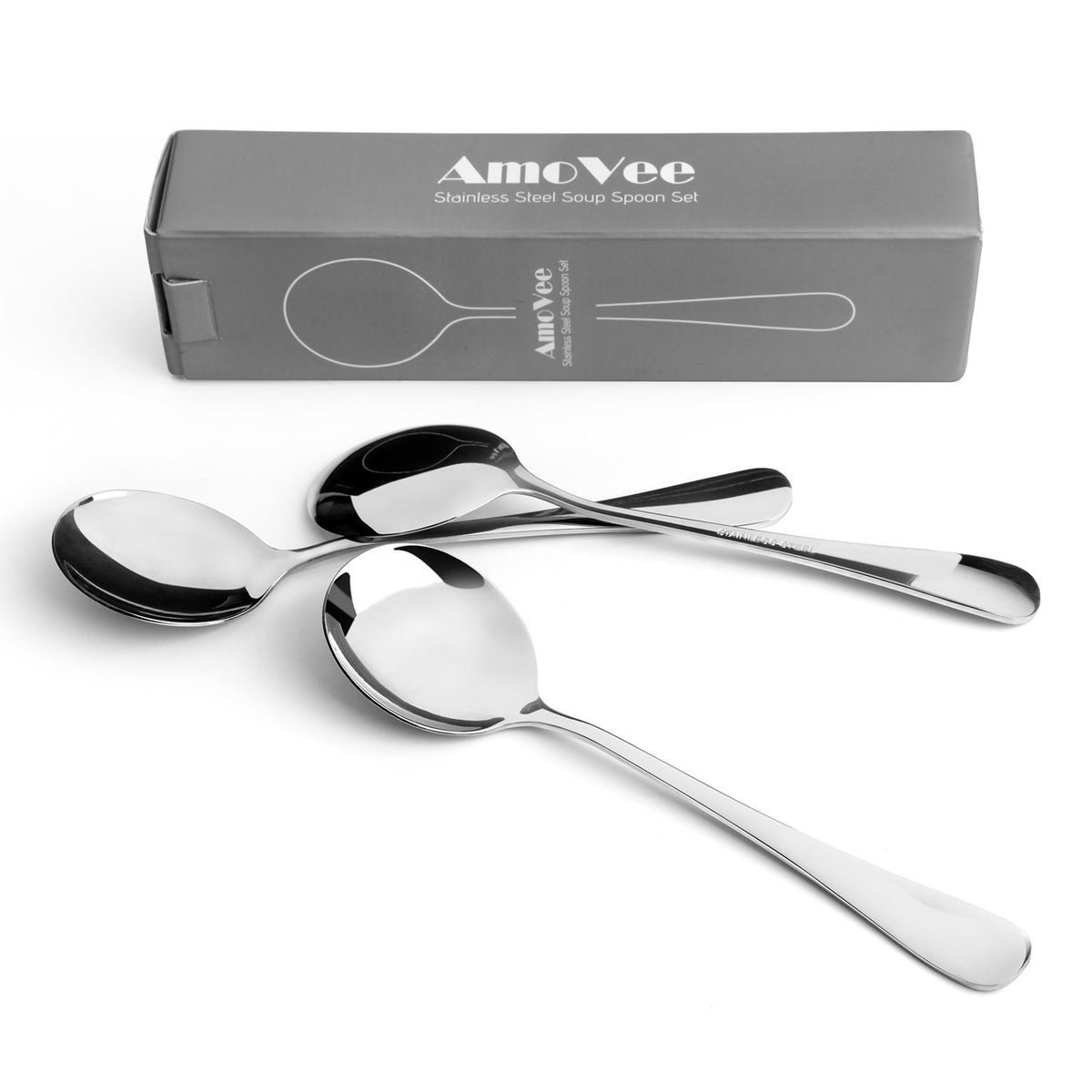 AmoVee soup spoons with mirror-polished finish adding table elegance.