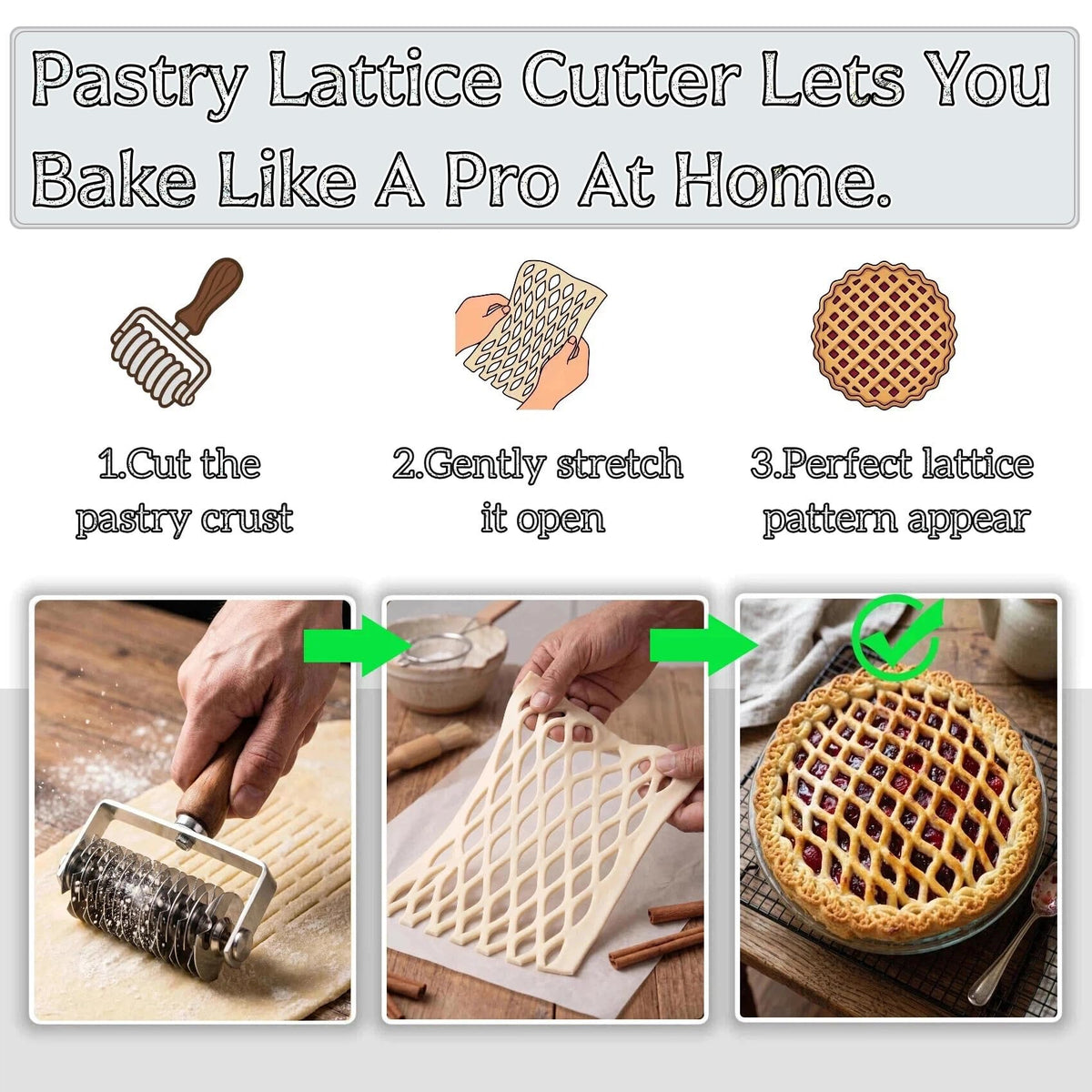 Lattice roller in use over chilled dough for fast, professional-looking crusts by AMPSEVEN.