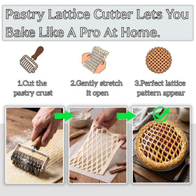 Lattice roller in use over chilled dough for fast, professional-looking crusts by AMPSEVEN.