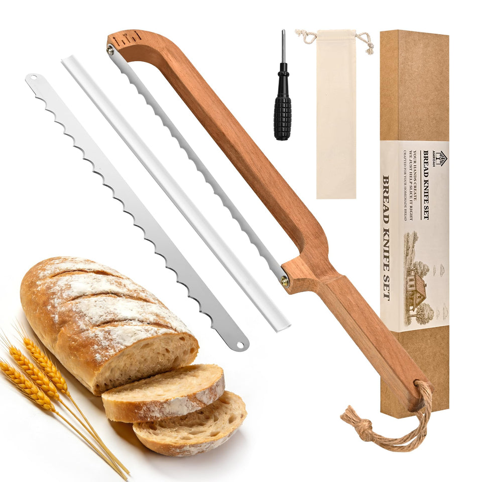 AMROAH 16-inch bow bread knife with measuring scale for precise portions.