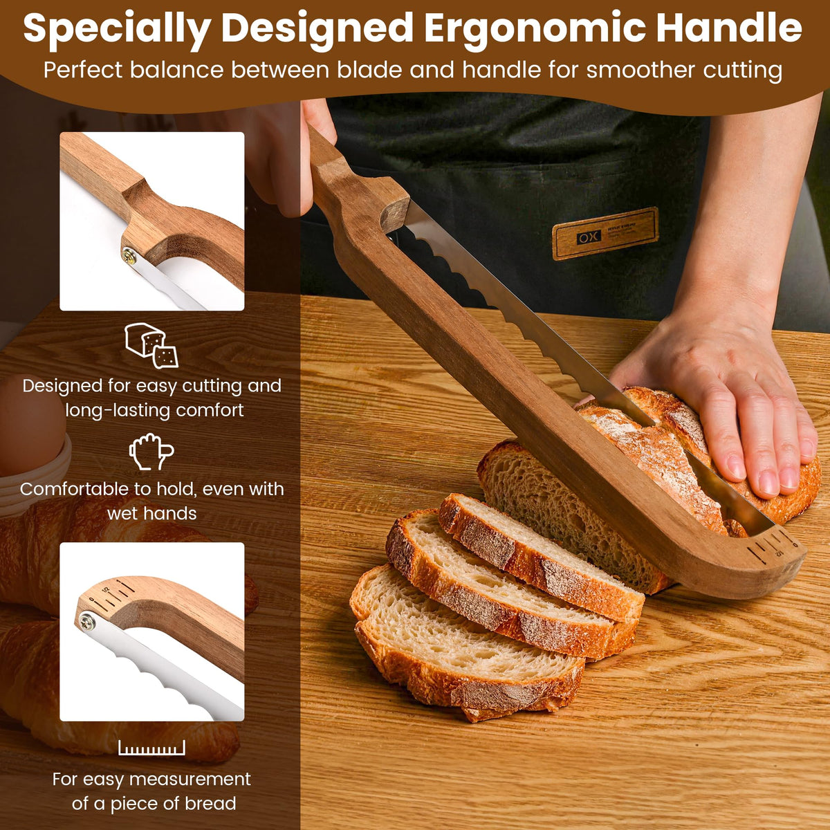 AMROAH curved bow design enables balanced, smooth crust slicing.