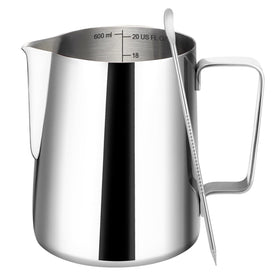 Amrules milk frothing pitcher with inside scale for precise milk measurement during frothing.