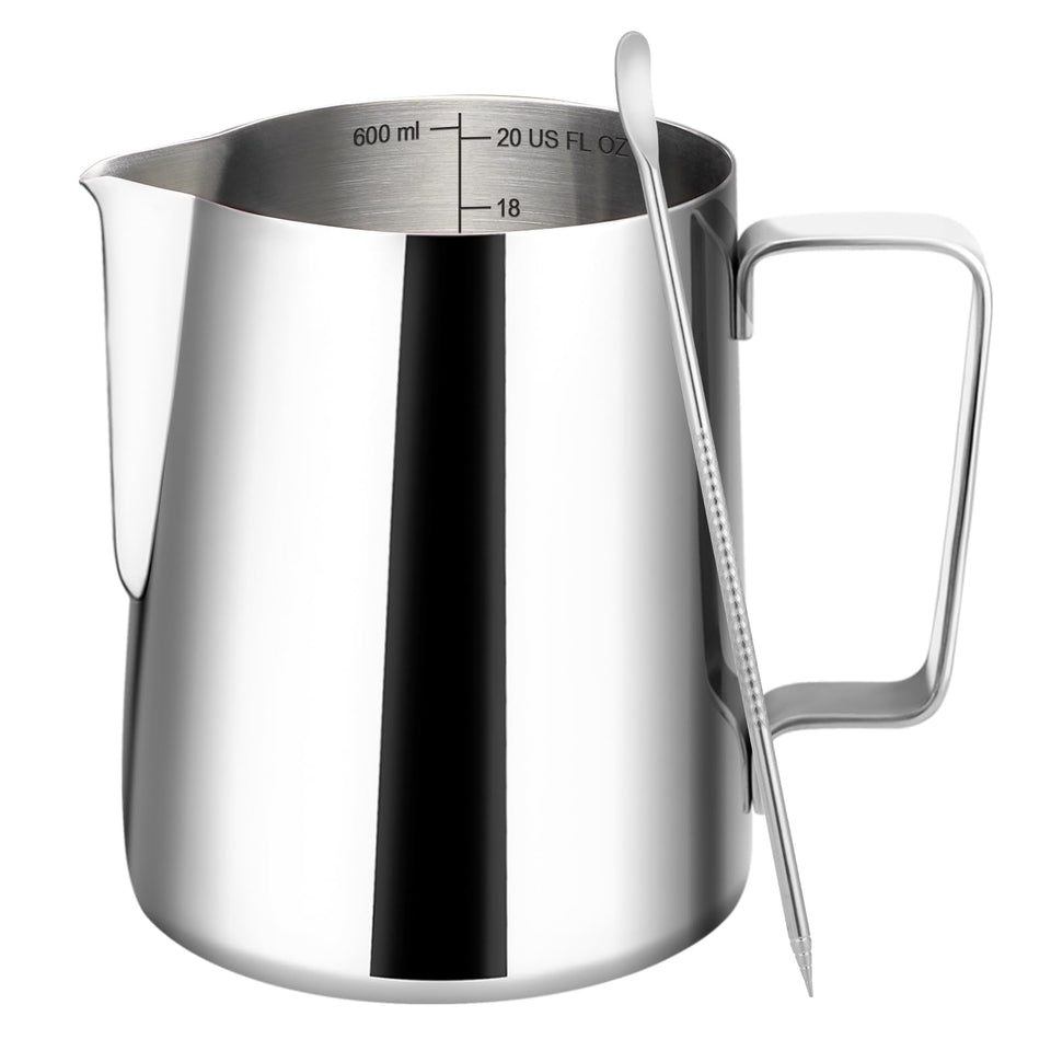 Amrules milk frothing pitcher with inside scale for precise milk measurement during frothing.