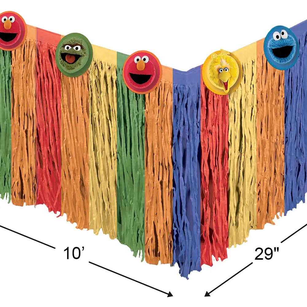 Amscan table skirt full-length on a table boosts party vibe with whimsical Sesame Street design.