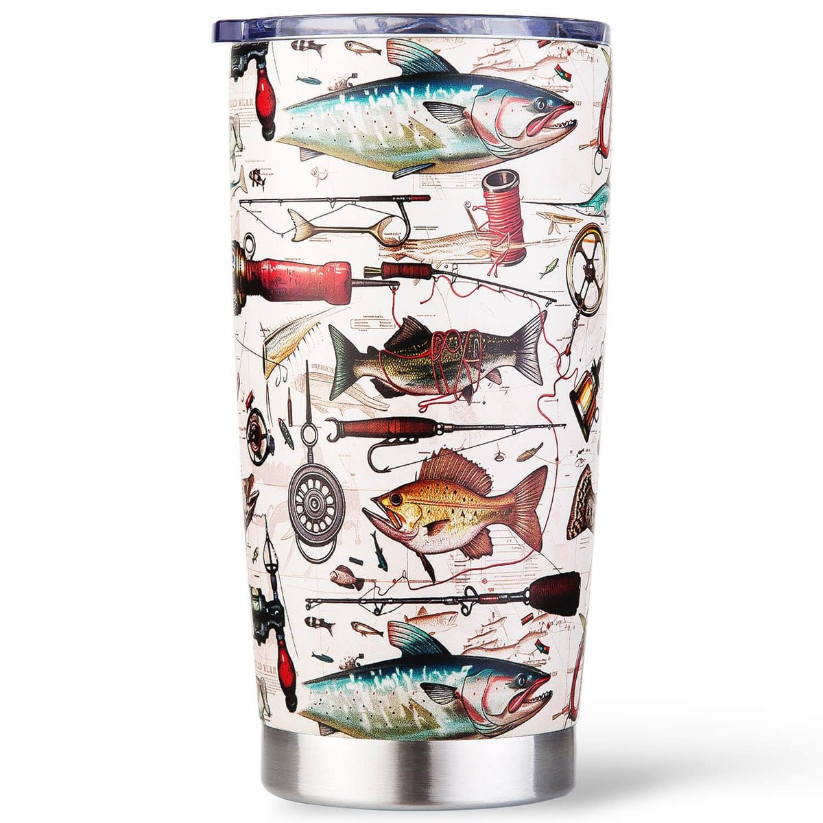 Amutta fish travel mug pattern on a durable 20oz tumbler for anglers.