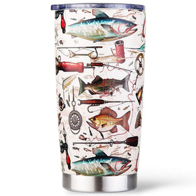 Amutta fish travel mug pattern on a durable 20oz tumbler for anglers.