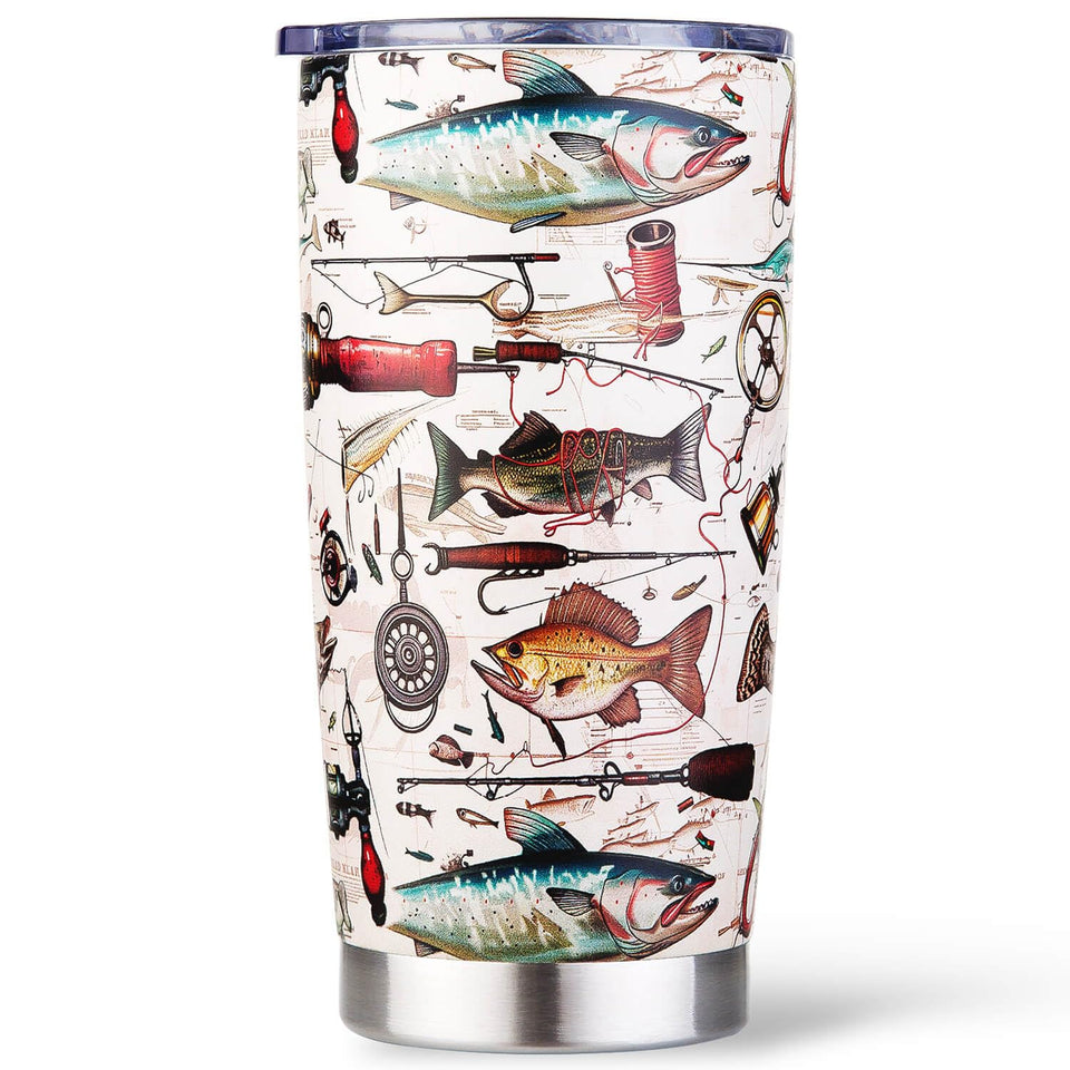 Amutta fish travel mug pattern on a durable 20oz tumbler for anglers.