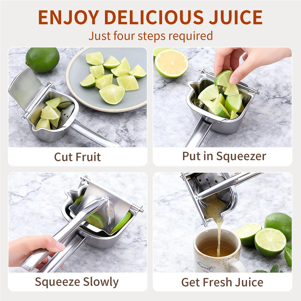 Amwofng stainless-steel juicer for orange and lime—versatile kitchen helper.