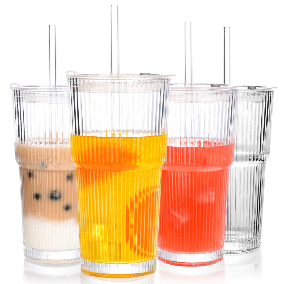 Amyoole 20 oz ribbed glass tumbler with lid, ideal for on-the-go beverages.