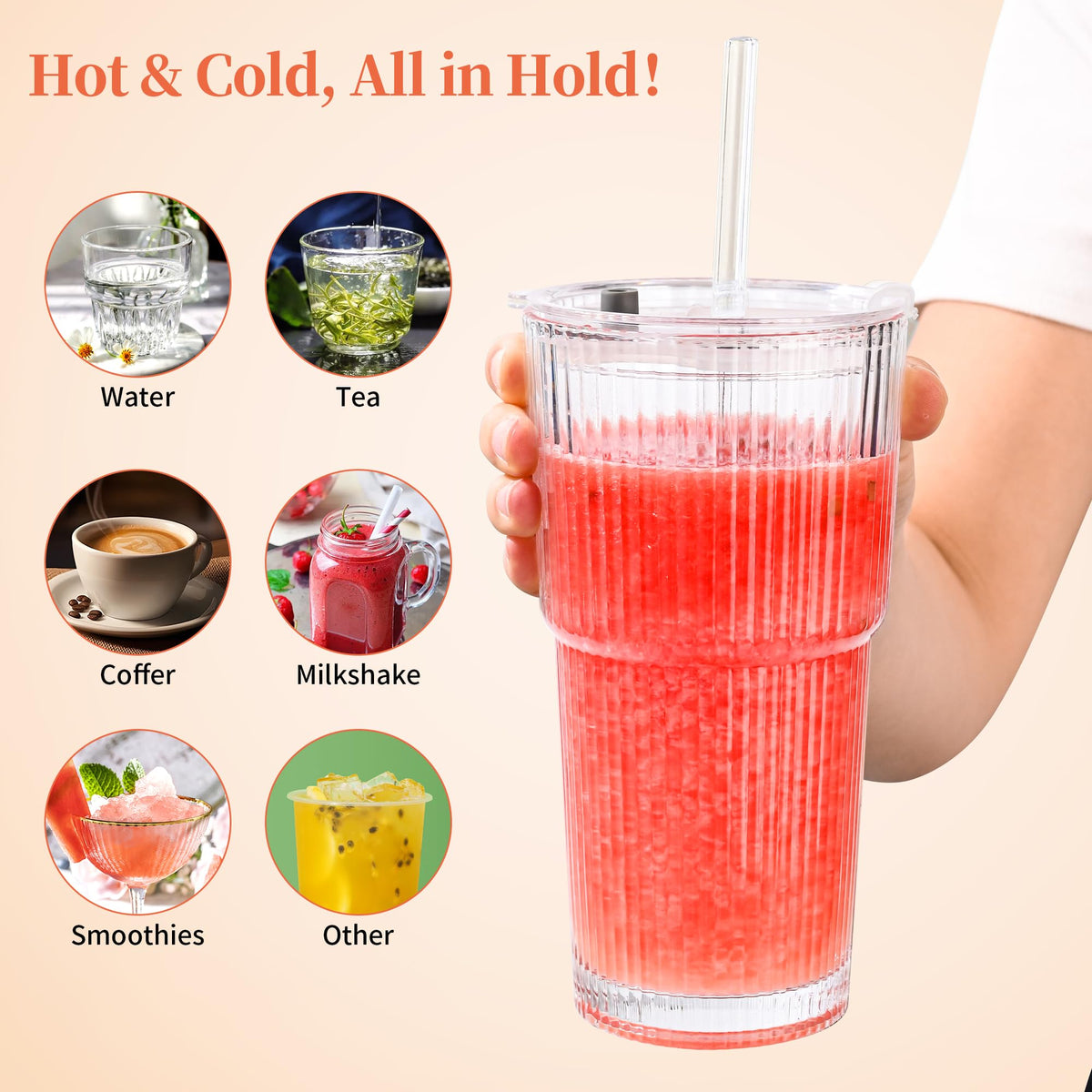Amyoole 20 oz glass tumbler versatile for juice, tea, coffee, smoothies.