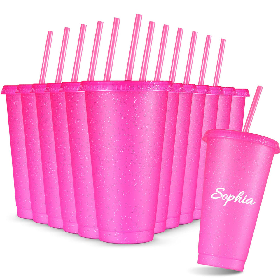 Amyhill 12 glitter cups with lids and straws in pink, spill-proof for parties