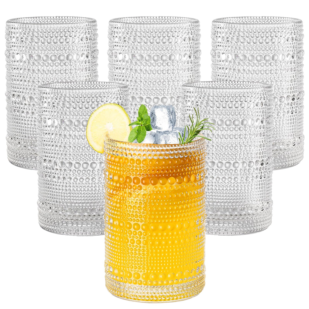 Amyoole hobnail glasses with embossed design for a stylish, slip-resistant grip.